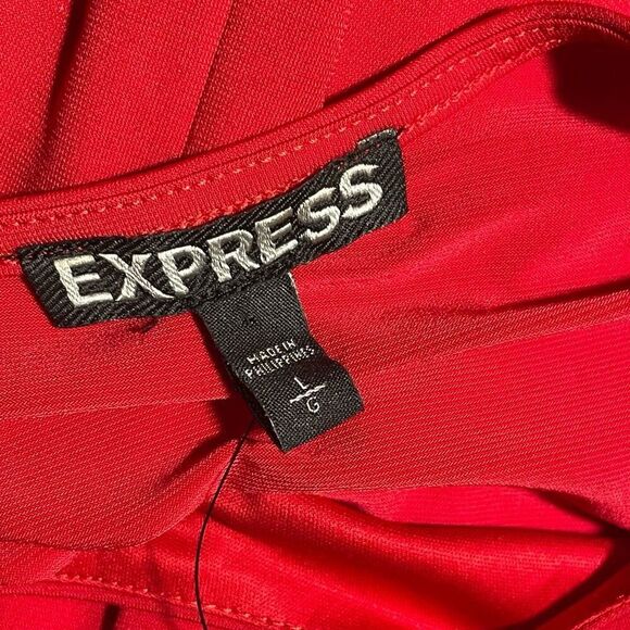 EXPRESS Vibrant Red Dress, Asymmetrical Hem, Long Sleeves  Front Cut out, Size L - Picture 3 of 9